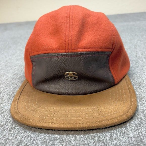 Vintageb Stussy 5 Panel Hat Orange Wool Leather Logo Hiking Strapback Adjustable - Picture 2 of 10